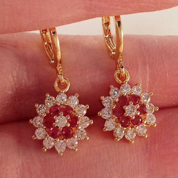 18K Yellow Gold Filled Flower Ruby Red Diamond Zircon Dangle Earrings Gorgeous - Picture 2 of 4
